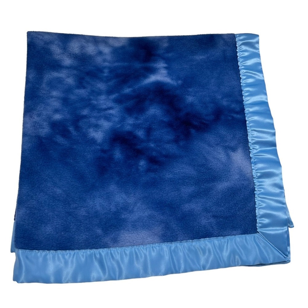 Vintage Baby Blanket Solid Blue Velour Satin Trim 35" X 36"